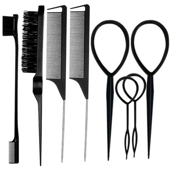 8-Piece Black Hair Styling Tool Set Edge Brush, Rat Tail Combs & Loop Puller - Picture 1 of 5